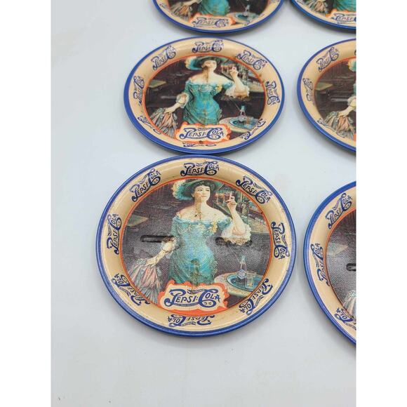 Vintage Victorian Lady Pepsi Cola Tin Coasters Set Of 9 Round 3 1/2 inch - Picture 3 of 13